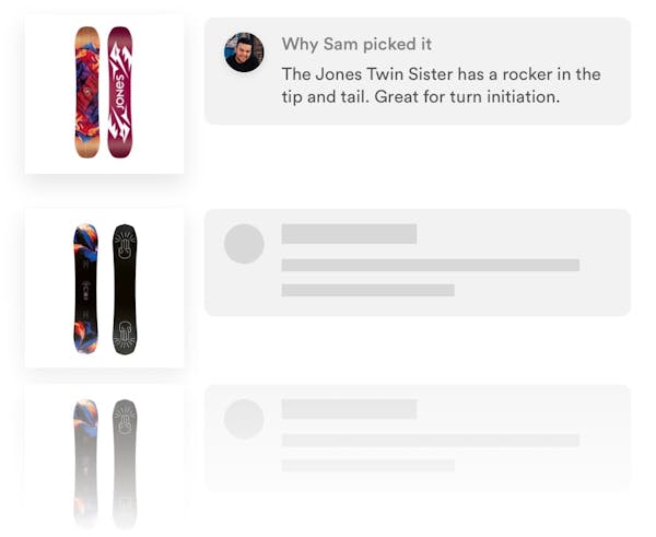 Ski recommendations sent over to customer interested in buying a snowboard
